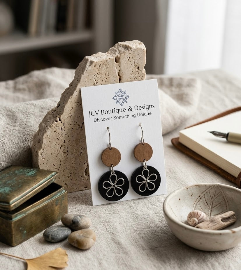Modern Wood & Black Disc Silver Retro Flower Dangle Earrings