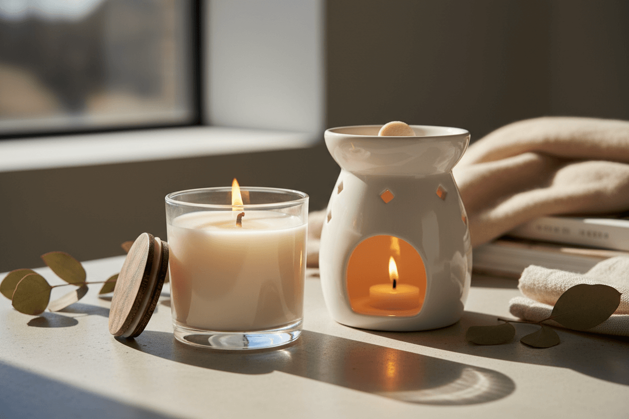 Handcrafted Candles & wax melts displayed on a table with a cozy atmosphere and greenery.