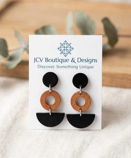 Geometric Wood & Matte Black Tiered Drop Earrings