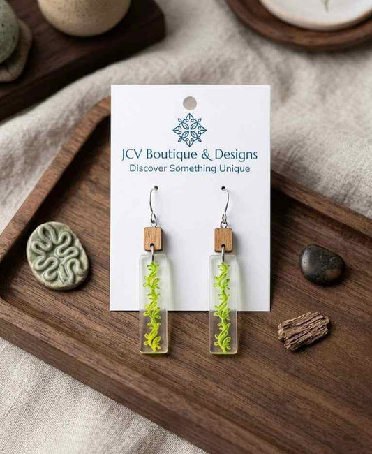Botanical Wood & Floating Green Vine Acrylic Dangle Earrings