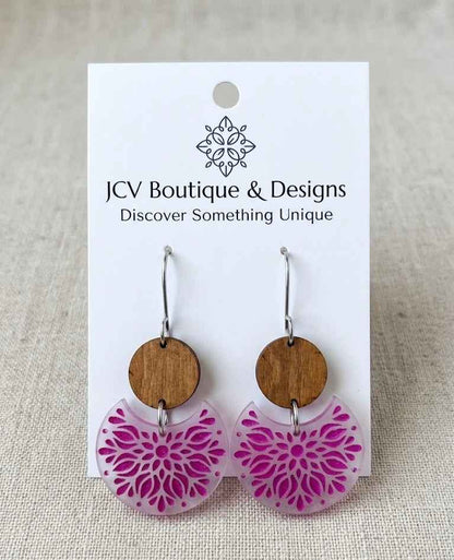 Wood & Magenta Floral Mandala Crescent Acrylic Dangle Earrings