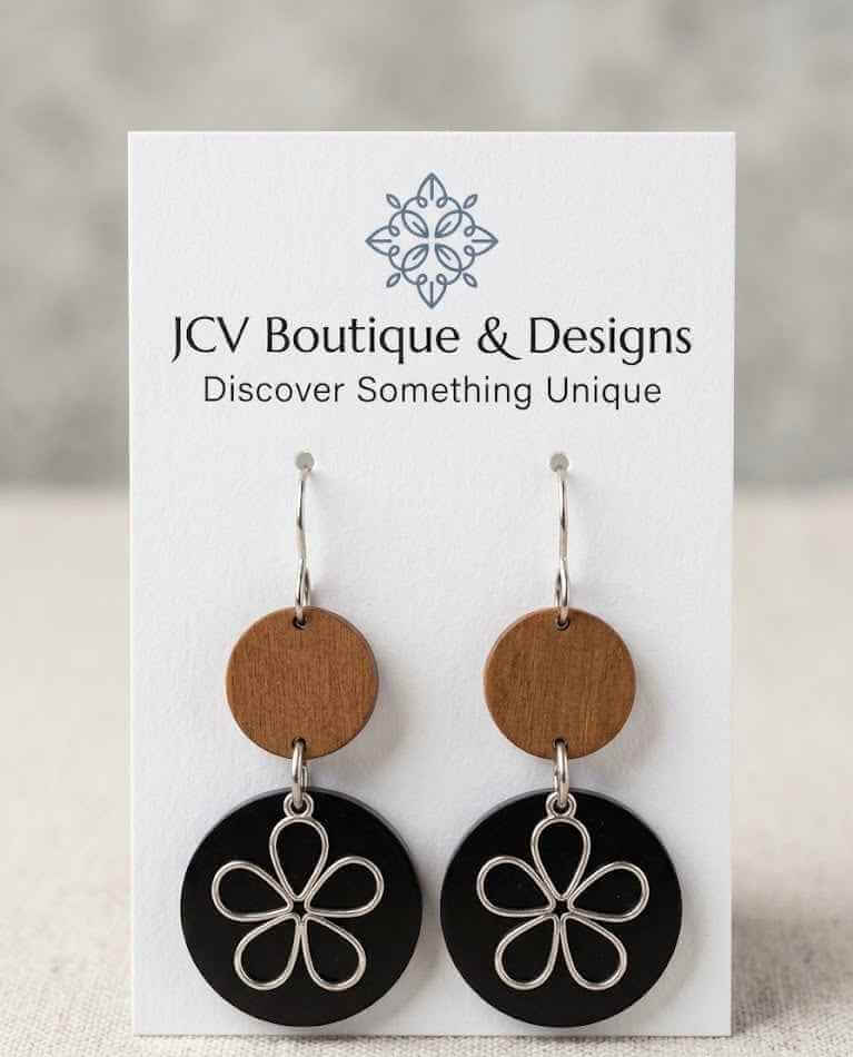 Modern Wood & Black Disc Silver Retro Flower Dangle Earrings