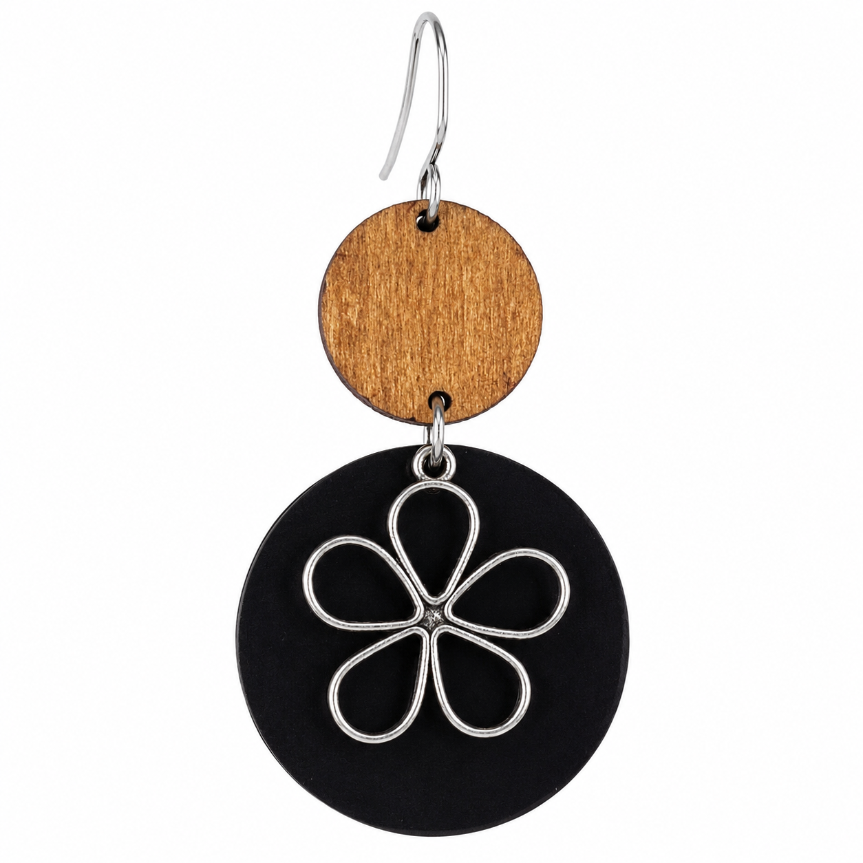 Modern Wood & Black Disc Silver Retro Flower Dangle Earrings