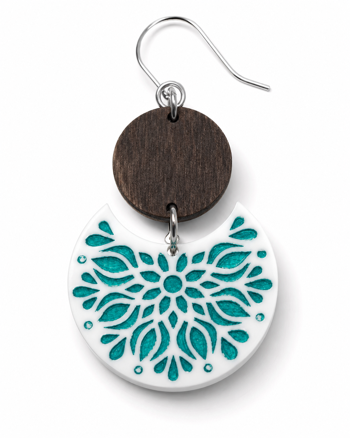 Artisan Wood & Teal Floral Mandala Crescent Dangle Earrings