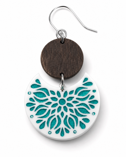 Artisan Wood & Teal Floral Mandala Crescent Dangle Earrings