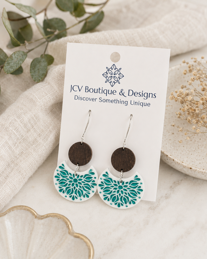 Artisan Wood & Teal Floral Mandala Crescent Dangle Earrings