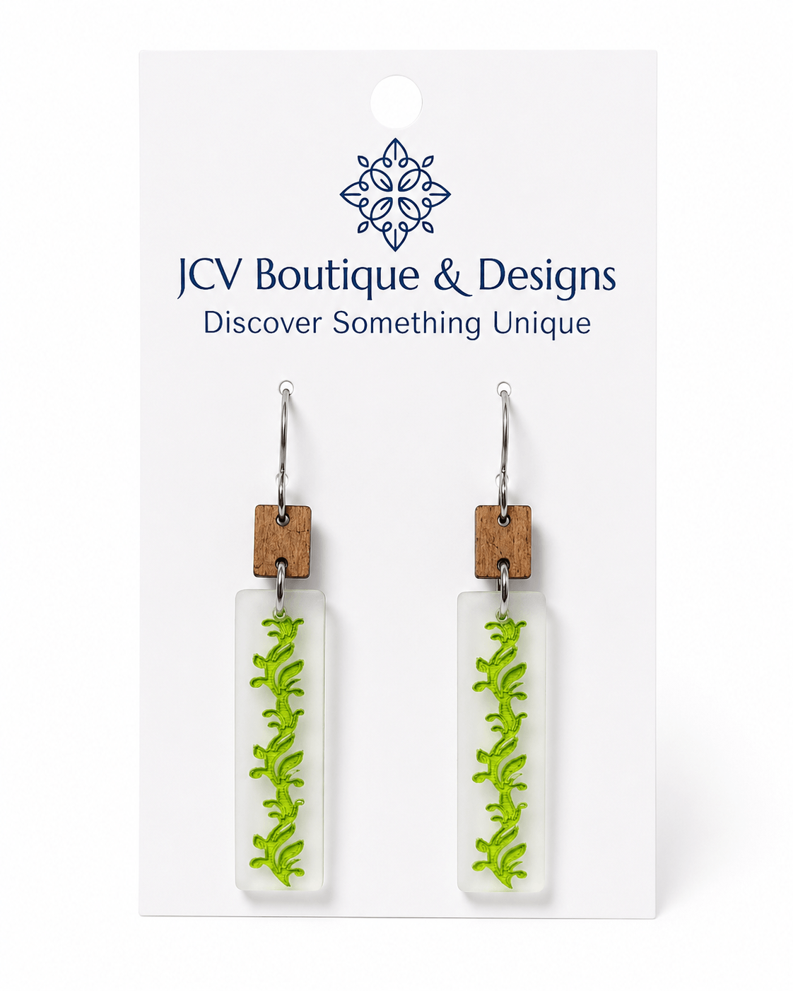 Botanical Wood & Floating Green Vine Acrylic Dangle Earrings