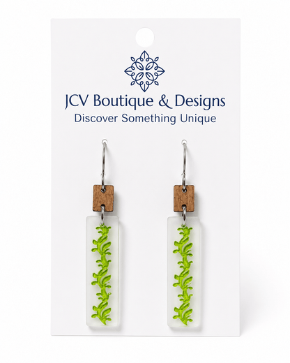 Botanical Wood & Floating Green Vine Acrylic Dangle Earrings