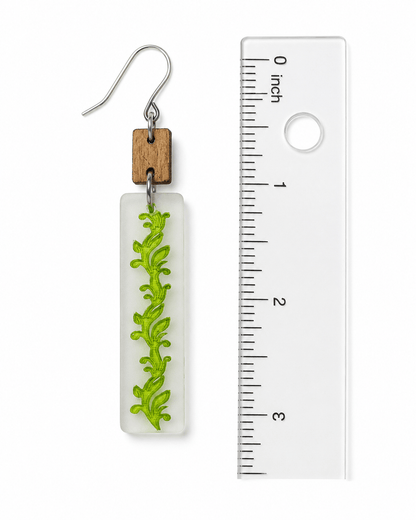Botanical Wood & Floating Green Vine Acrylic Dangle Earrings