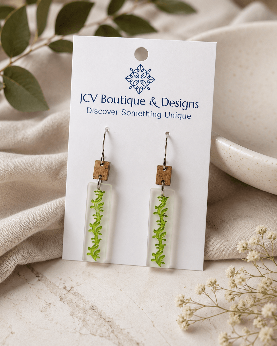 Botanical Wood & Floating Green Vine Acrylic Dangle Earrings