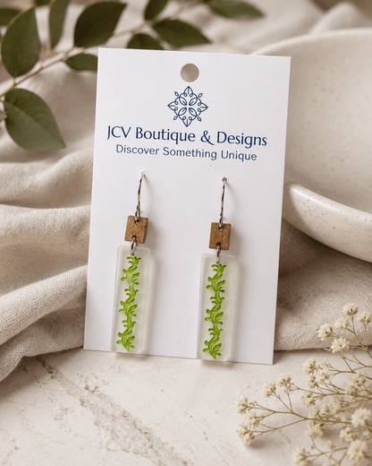 Botanical Wood & Floating Green Vine Acrylic Dangle Earrings