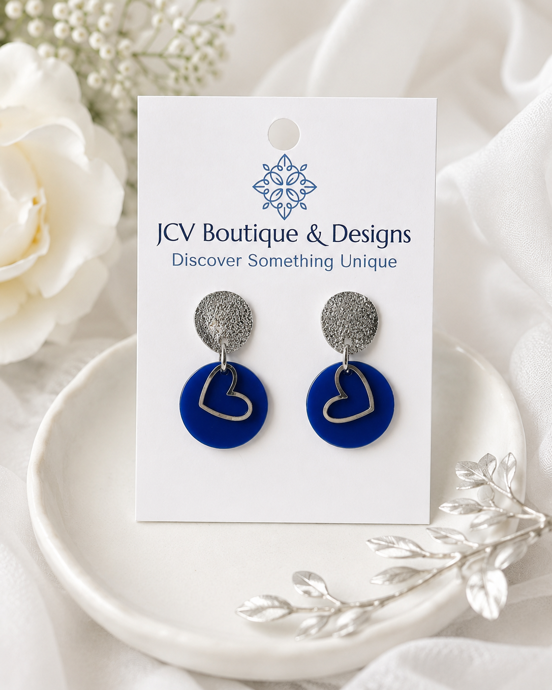 Cobalt Heart & Textured Silver Drop Earrings