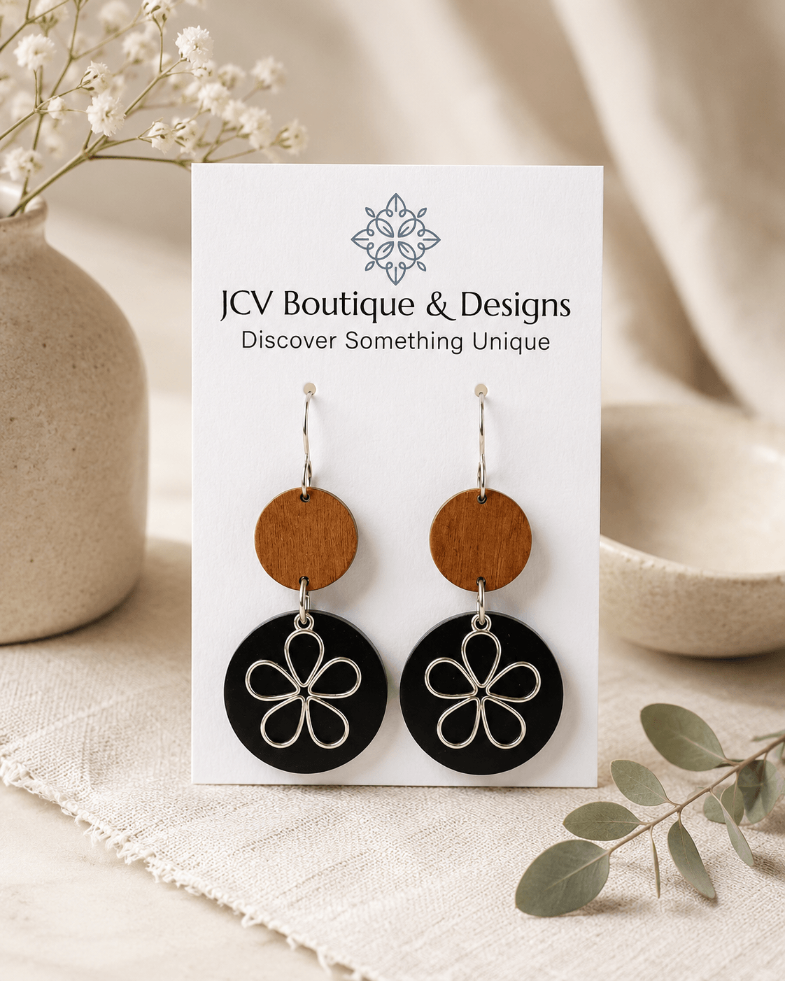Modern Wood & Black Disc Silver Retro Flower Dangle Earrings