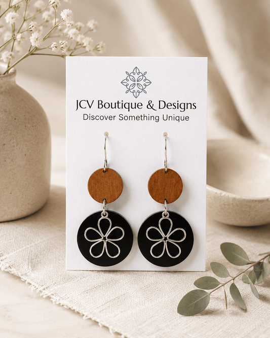 Modern Wood & Black Disc Silver Retro Flower Dangle Earrings