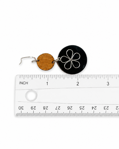 Modern Wood & Black Disc Silver Retro Flower Dangle Earrings