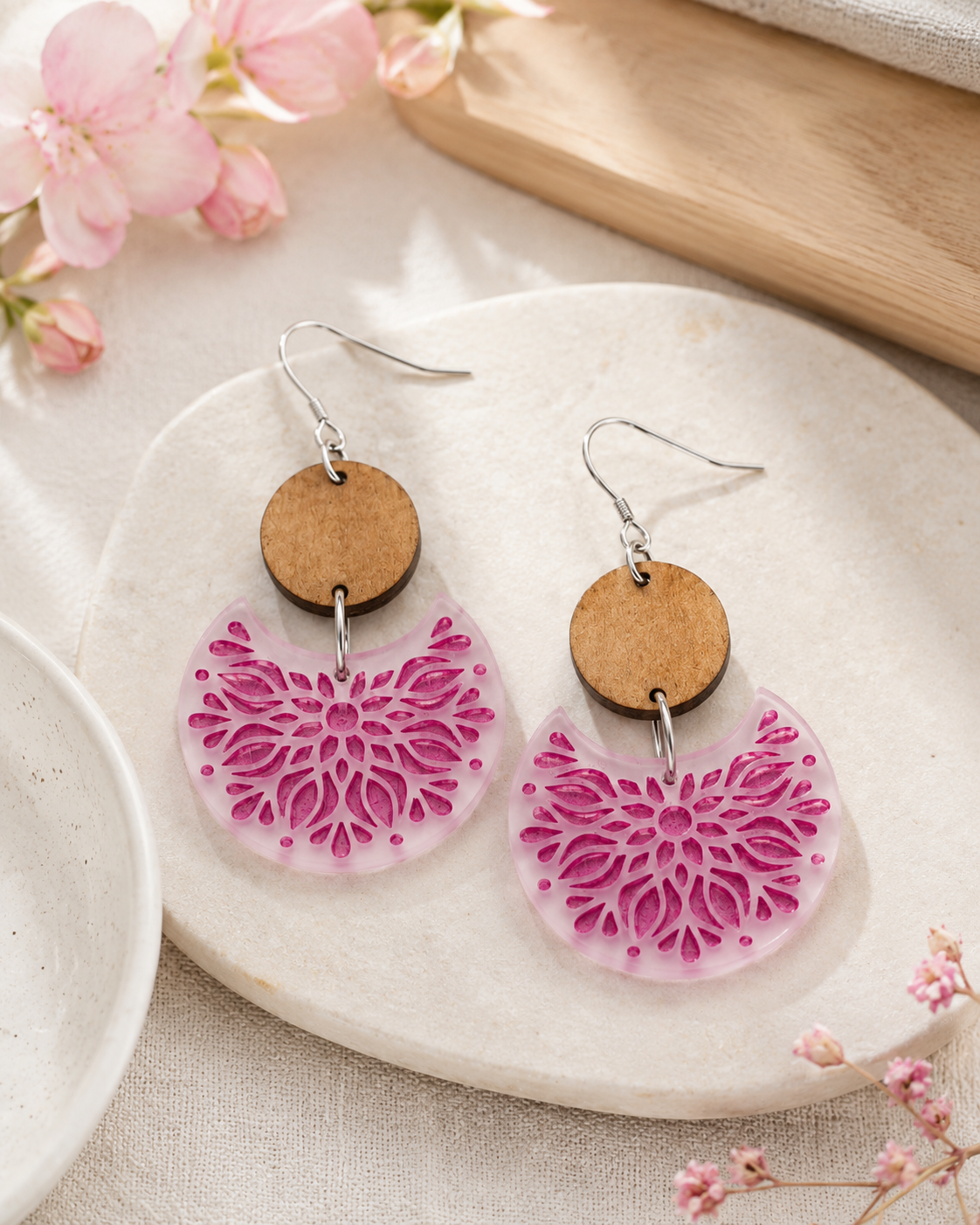 Wood & Magenta Floral Mandala Crescent Acrylic Dangle Earrings