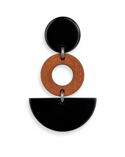 Geometric Wood & Matte Black Tiered Drop Earrings