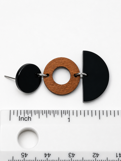 Geometric Wood & Matte Black Tiered Drop Earrings