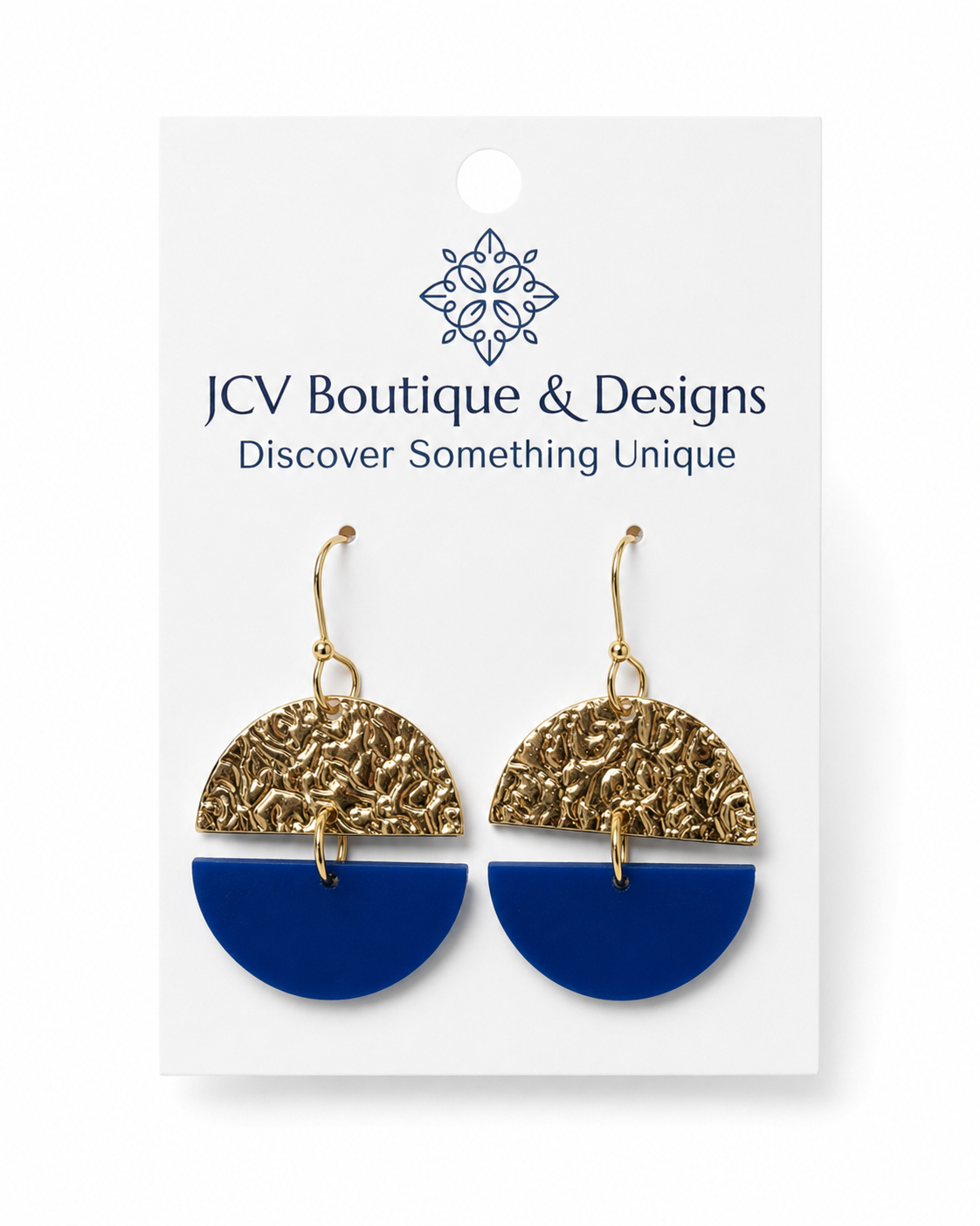 Hammered Gold & Cobalt Blue Crescent Dangle Earrings