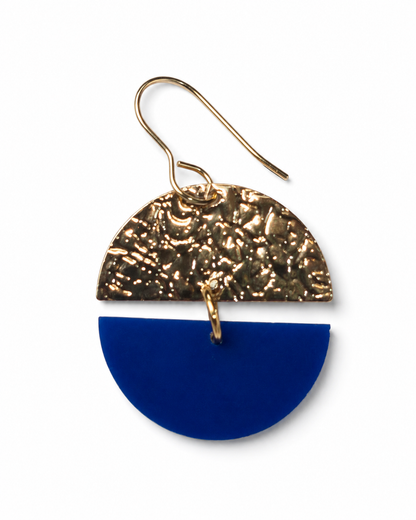 Hammered Gold & Cobalt Blue Crescent Dangle Earrings