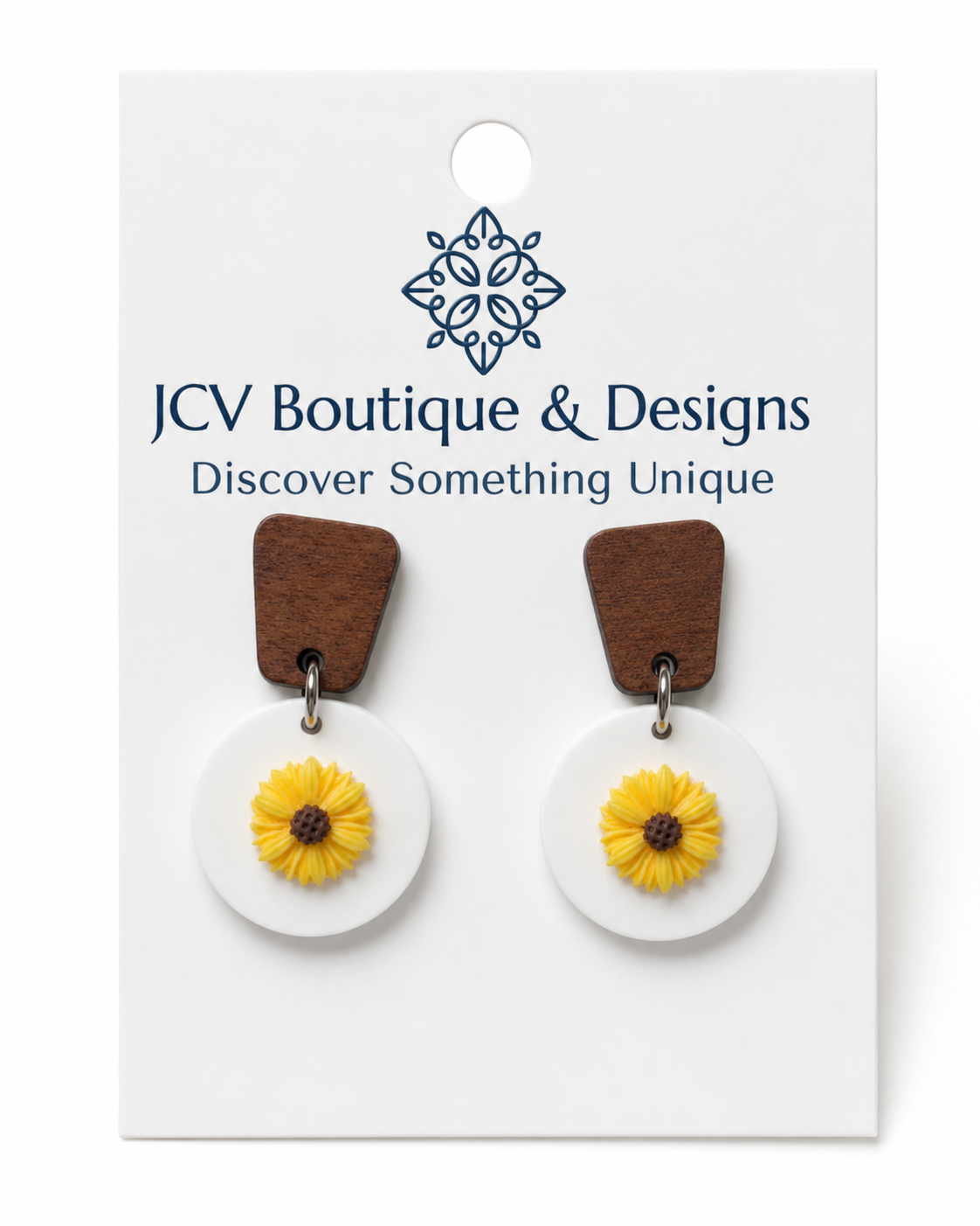 Modern Wood & White Disc Sunflower Dangle Earrings