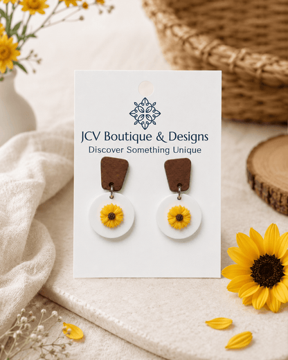 Modern Wood & White Disc Sunflower Dangle Earrings