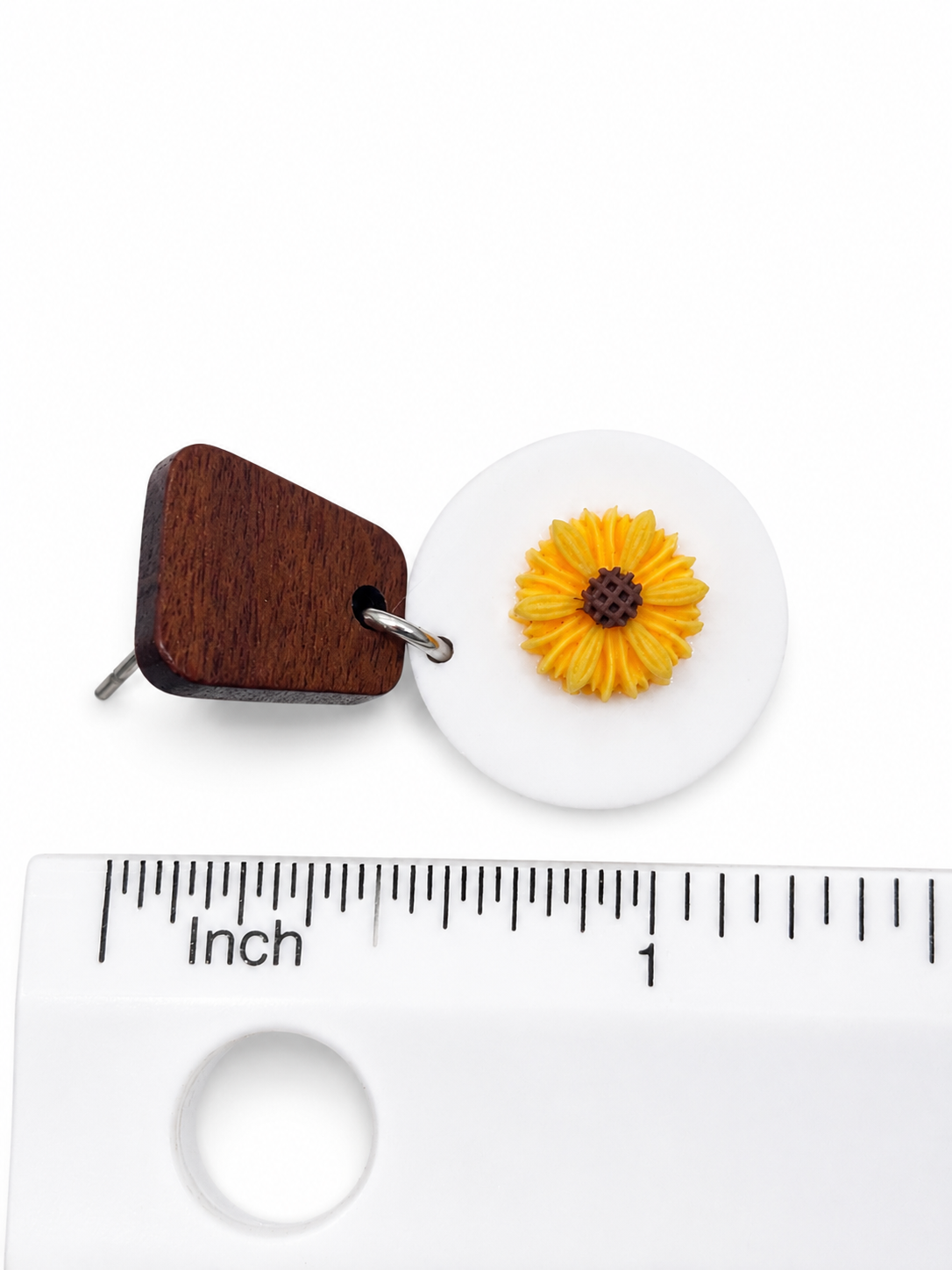 Modern Wood & White Disc Sunflower Dangle Earrings