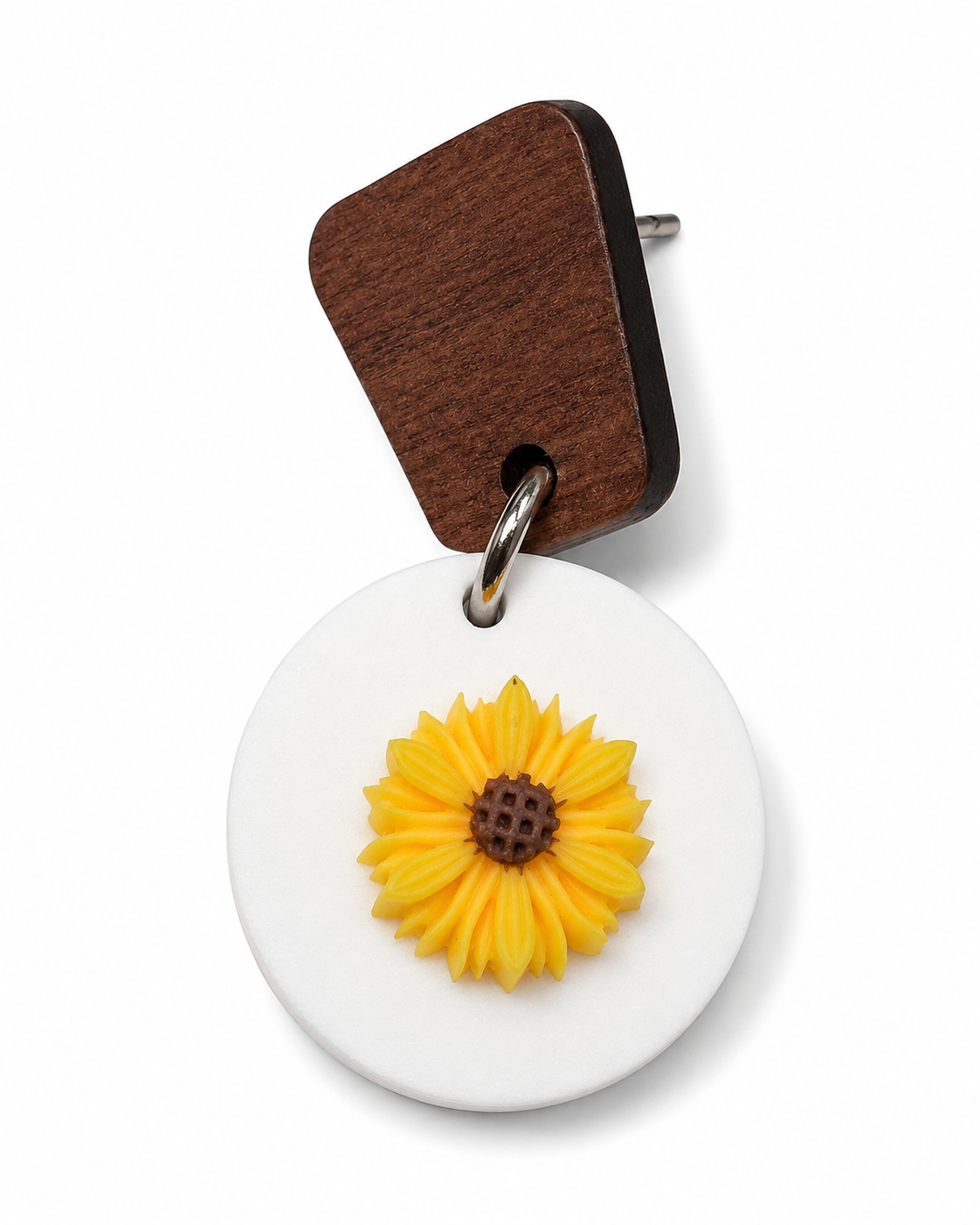 Modern Wood & White Disc Sunflower Dangle Earrings