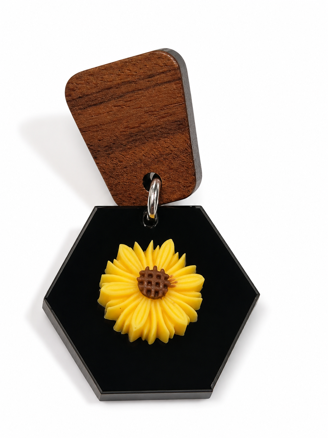 Modern Wood & Black Hexagon Sunflower Dangle Earrings
