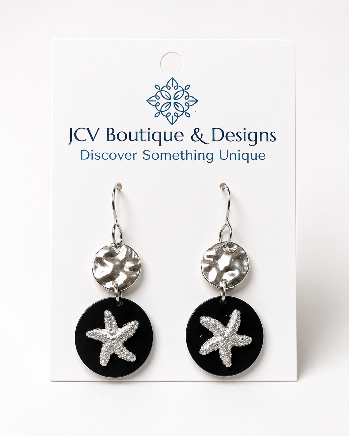 Silver Starfish Black Acrylic Dangle Earrings
