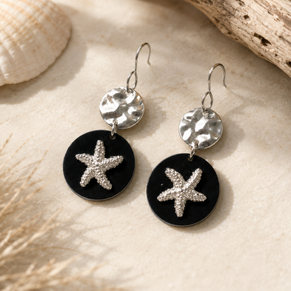 Silver Starfish Black Acrylic Dangle Earrings
