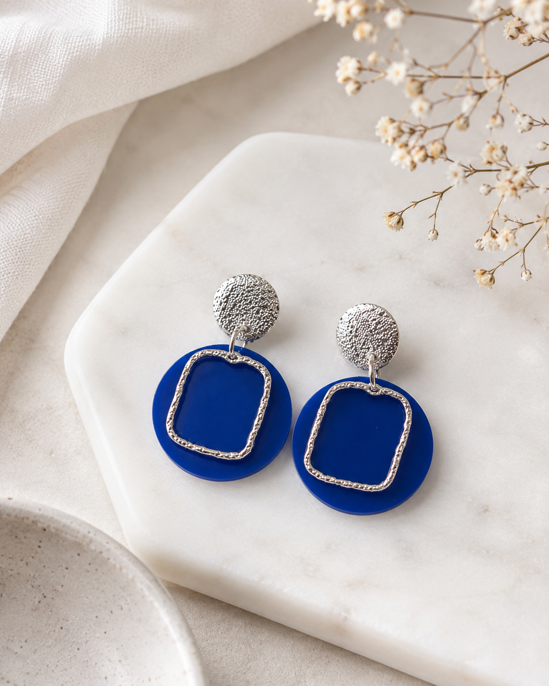 Royal Blue Silver Frame Dangle Earrings