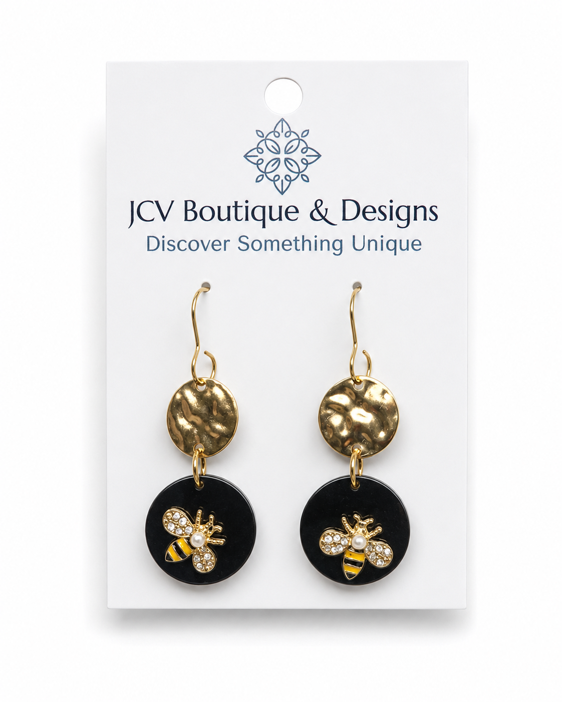 Golden Honeybee Black Acrylic Dangle Earrings