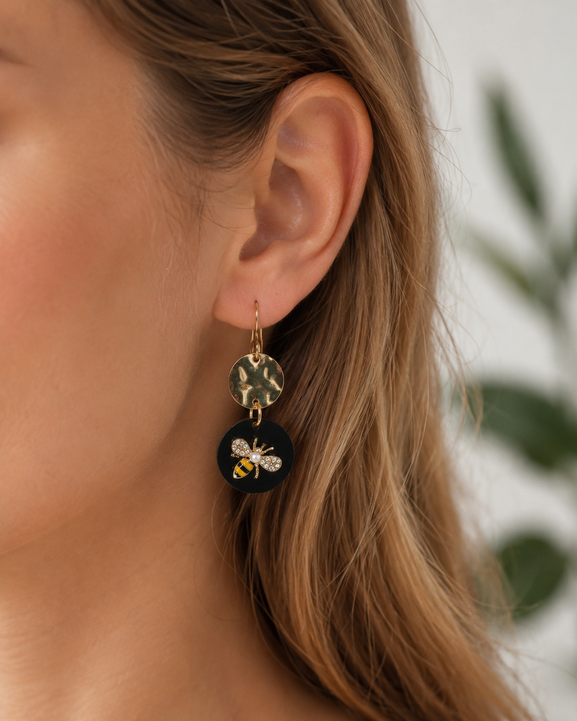 Golden Honeybee Black Acrylic Dangle Earrings