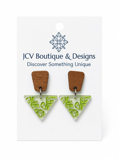 Green Scroll Acrylic & Wood Dangle Earrings