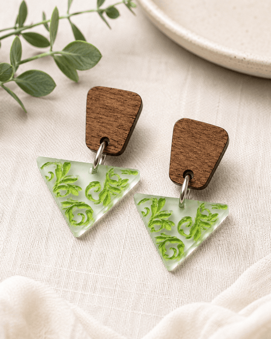 Green Scroll Acrylic & Wood Dangle Earrings