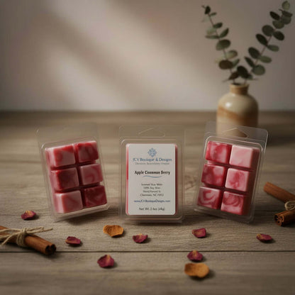Apple Cinnamon Berry Soy Wax Melt packaging with pink wax cubes