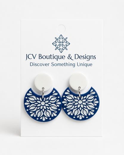 Royal Blue Floral Acrylic Dangle Earrings
