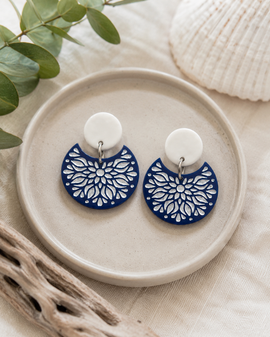 Royal Blue Floral Acrylic Dangle Earrings