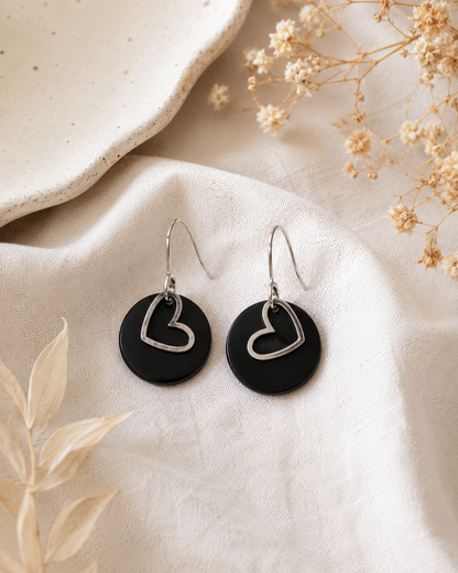 Black Acrylic Silver Heart Dangle Earrings
