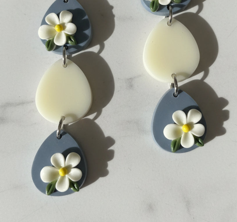 Floral Teardrop Three-Tiered Dangle Earrings