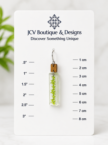 Botanical Wood & Floating Green Vine Acrylic Dangle Earrings