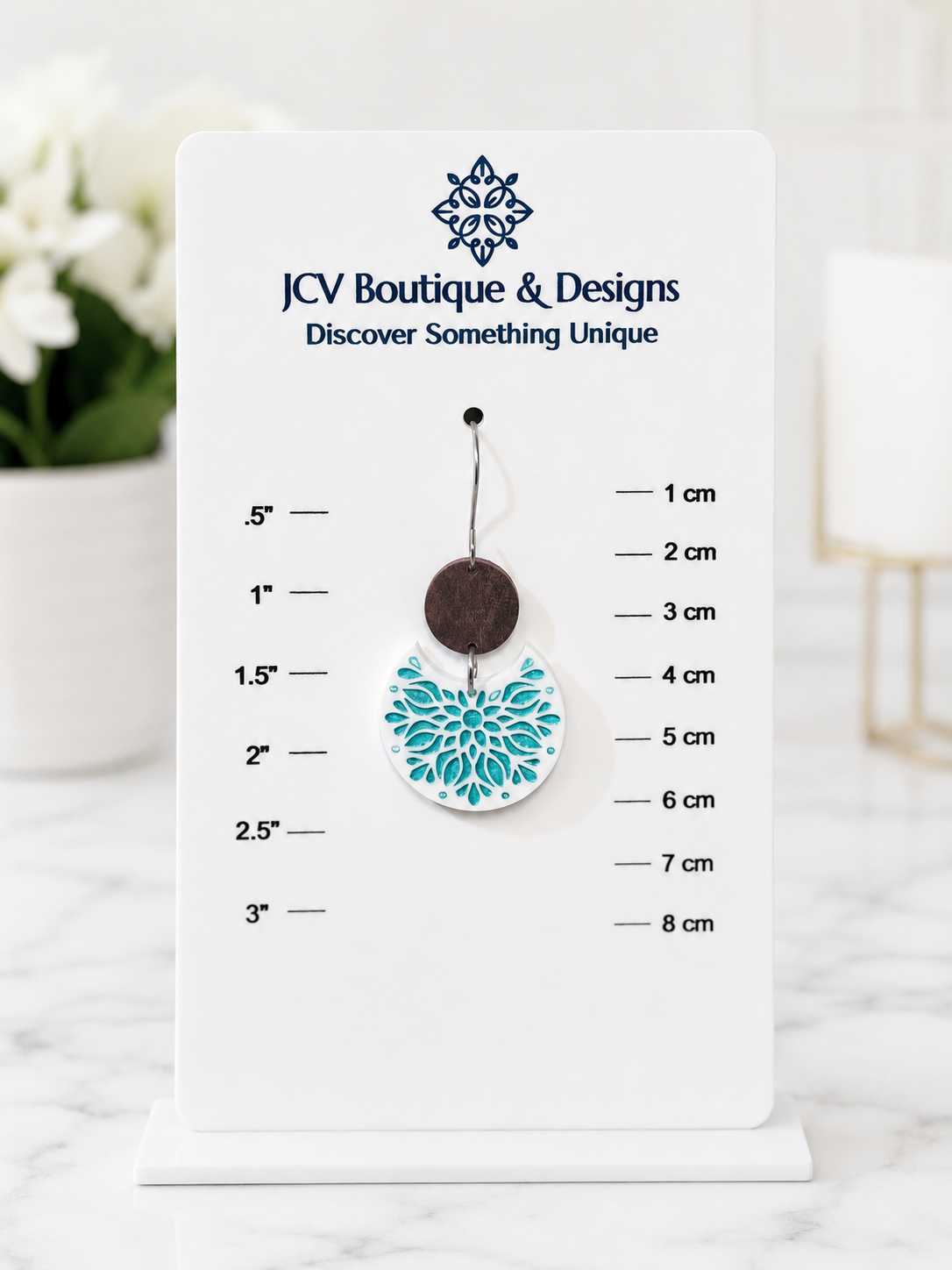 Artisan Wood & Teal Floral Mandala Crescent Dangle Earrings