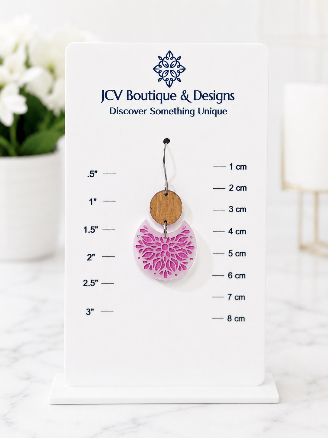 Wood & Magenta Floral Mandala Crescent Acrylic Dangle Earrings
