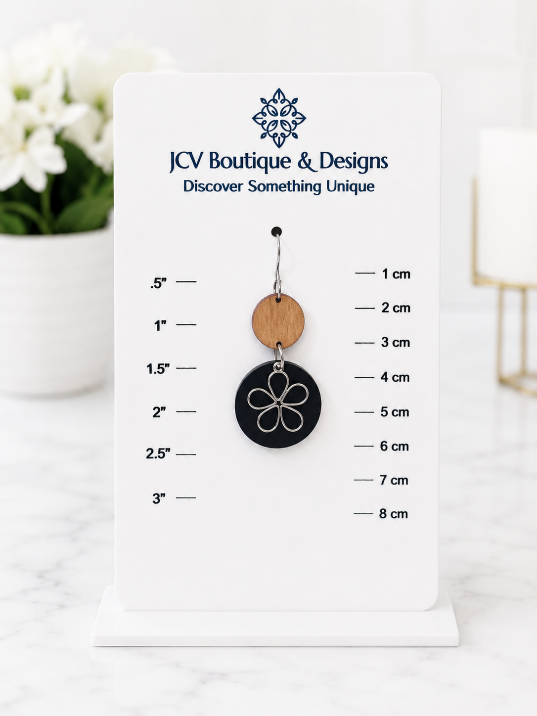 Modern Wood & Black Disc Silver Retro Flower Dangle Earrings