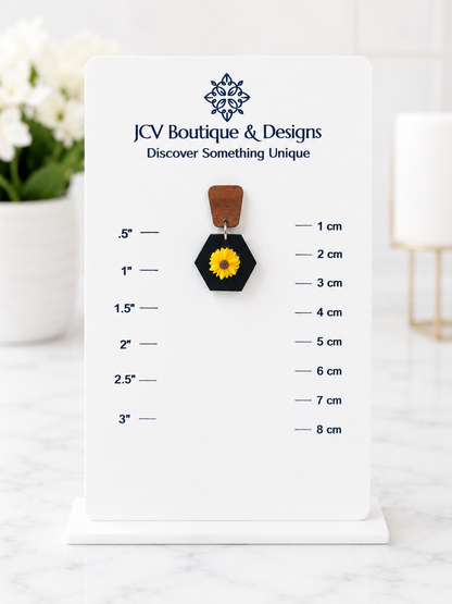 Modern Wood & Black Hexagon Sunflower Dangle Earrings