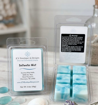 Saltwater Mist scented wax melts in clear packaging on a light surface.