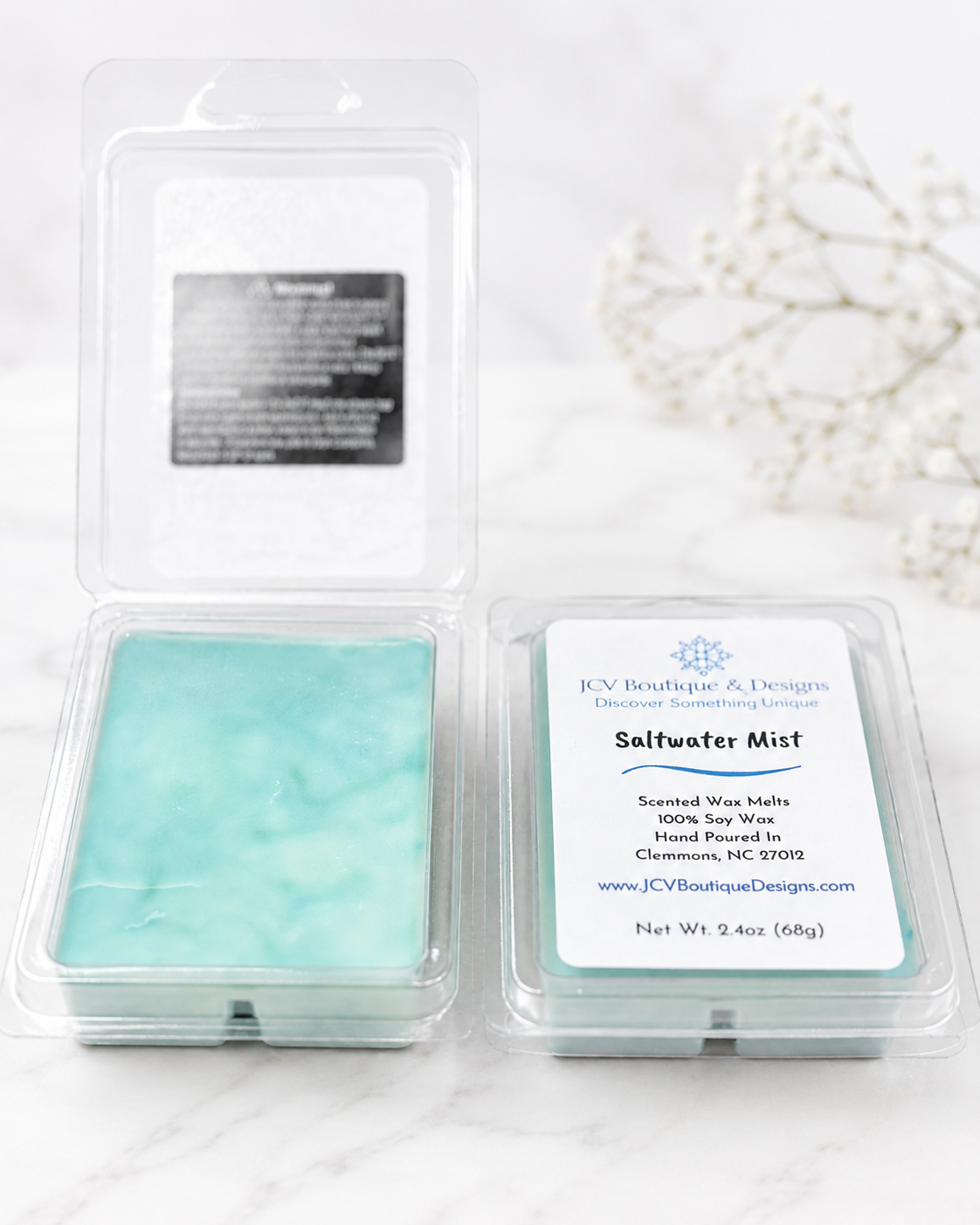 Scented wax melts in a clear packaging with a label on a white background