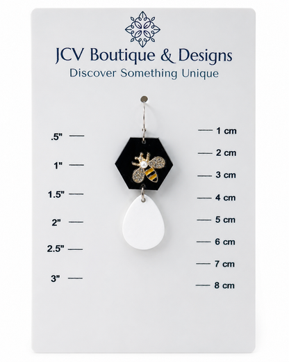Black Hexagon & White Teardrop Honeybee Dangle Earrings