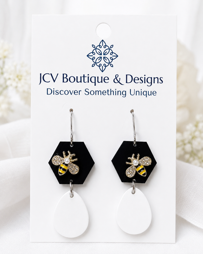 Black Hexagon & White Teardrop Honeybee Dangle Earrings